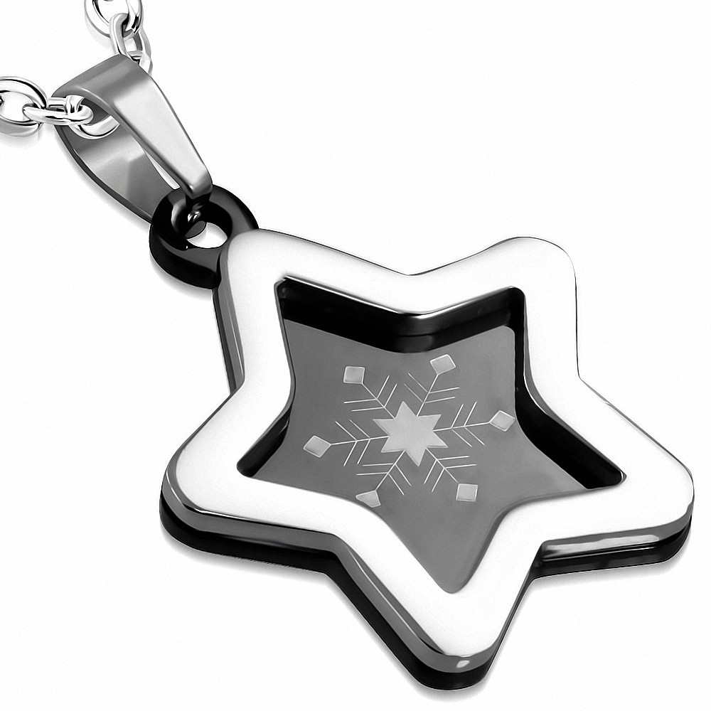 Pendentif acier inoxydable étoile bord argenté et fond noir