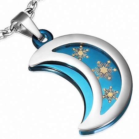 Pendentif demi-lune bleue et croissant de lune argenté avec étoile brillante en acier inoxydable