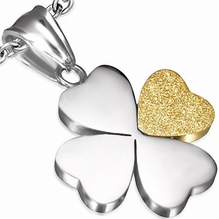 Pendentif fleur en forme de coeur avec coeur d'amour sablé en acier inoxydable 2 tons