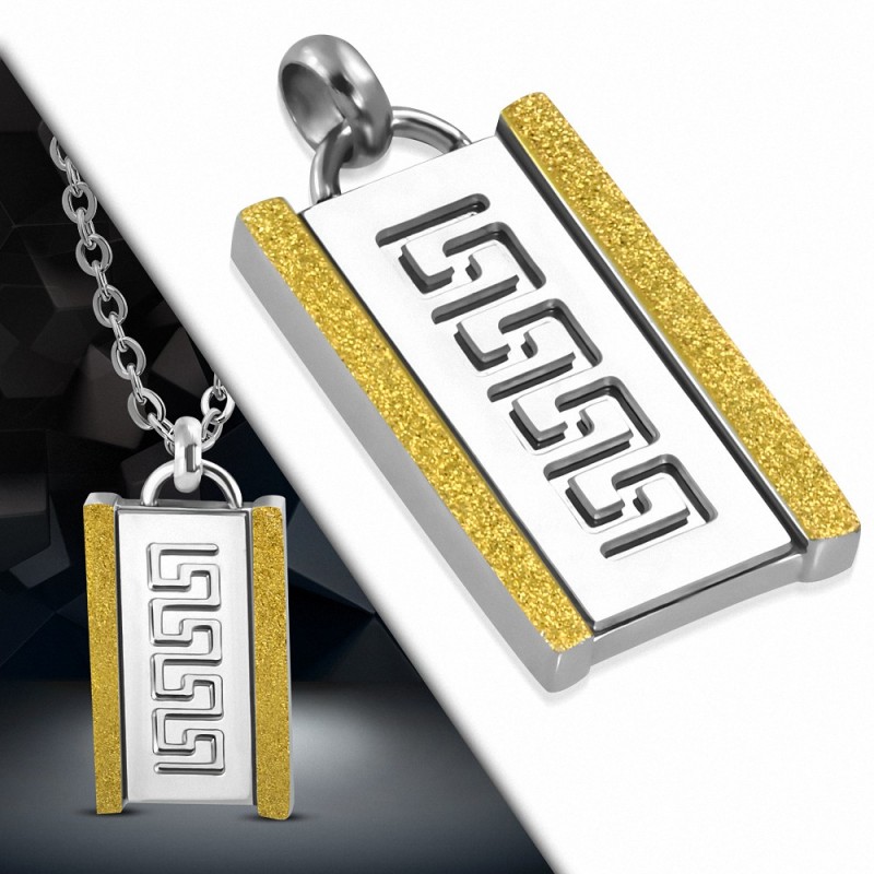 Pendentif rectangulaure en acier inoxydable avec clé grecque découpée et bord sablé doré