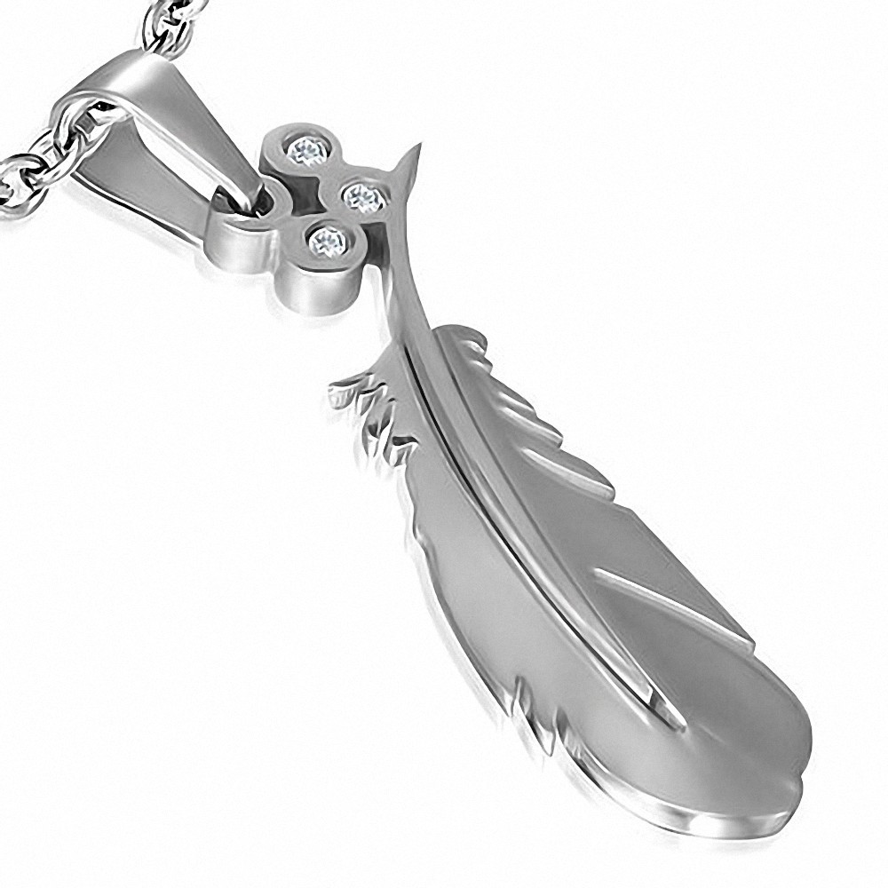 Pendentif Plume en Acier Inoxydable gemme