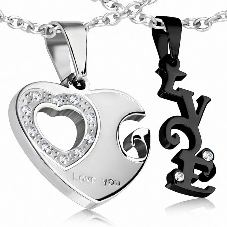 Couple de puzzle coeur ouvert avec monogramme d'amour en 2 parties en acier inoxydable