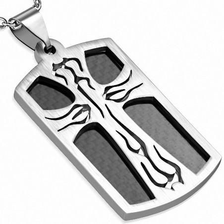 Pendentif tag croix en flamme découpée en acier inoxydable avec fibre de carbone