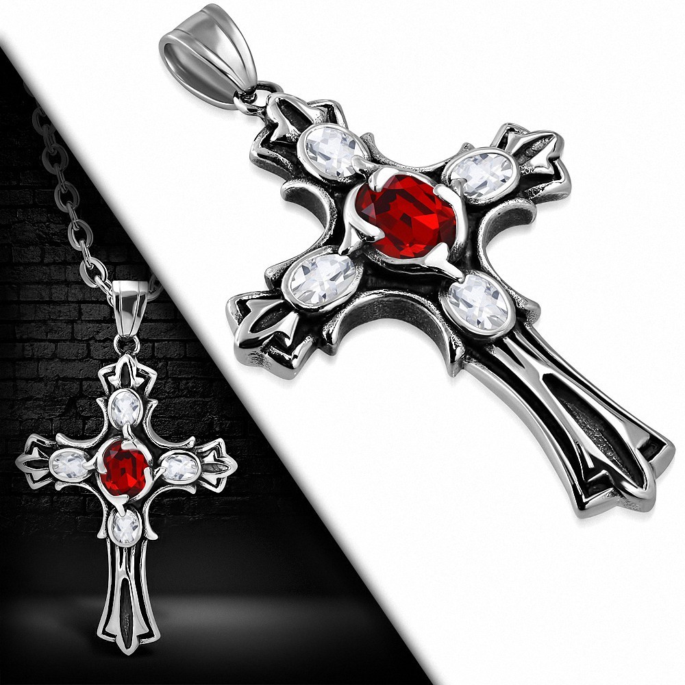 Pendentif motard deux tons en acier inoxydable Croix Fleur De Lis centre rouge