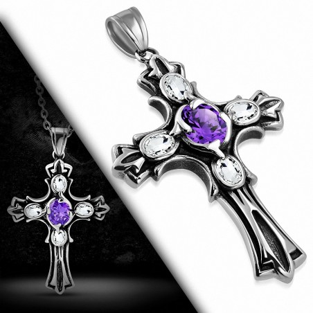 Pendentif motard deux tons en acier inoxydable Croix Fleur De Lis centre violet