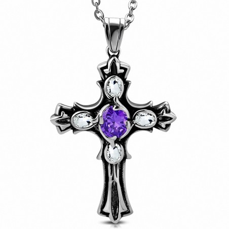 Pendentif motard deux tons en acier inoxydable Croix Fleur De Lis centre violet