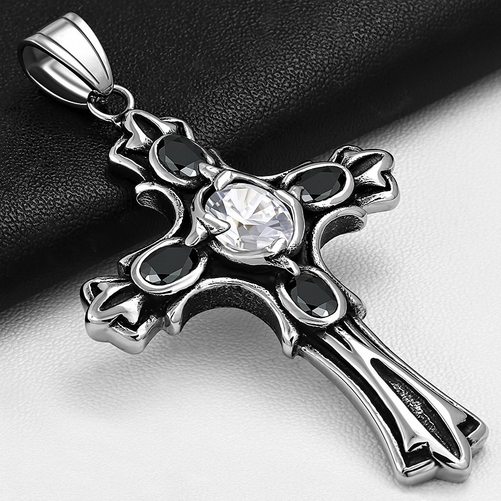 Pendentif en acier inoxydable noirci Croix Fleur De Lis gemme transparent et noir