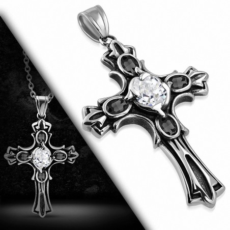 Pendentif en acier inoxydable noirci Croix Fleur De Lis gemme transparent et noir