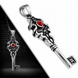 Pendentif motard en acier inoxydable clé squelette et gemme rouge