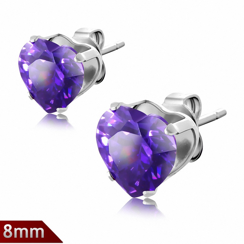 Paire boucles d'oreilles avec broche en acier inoxydable de 8mm sertie de pierres de naissance de février en forme de cœur