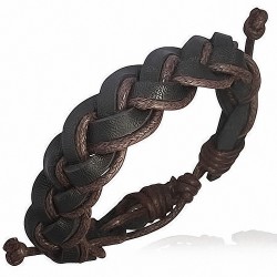 Bracelet ajustable tressé en cuir noir et corde chocolat