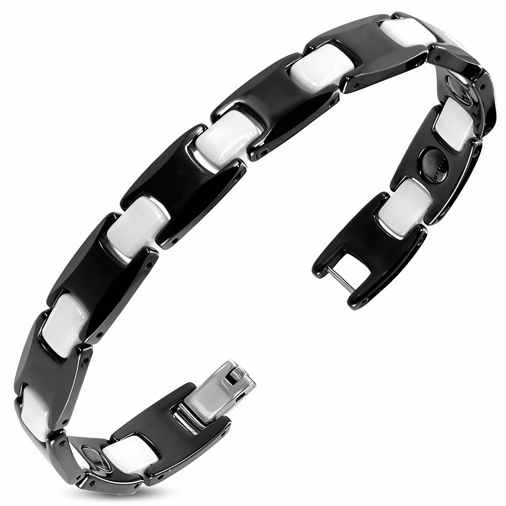 L-20cm W-10mm | Bracelet magnétique lien en céramique noir et blanc 2 tons Panther