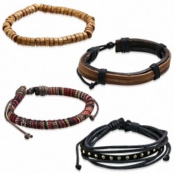 Ensemble de bracelets en cuir noir brun tissu et perles en bois Stretch Beads