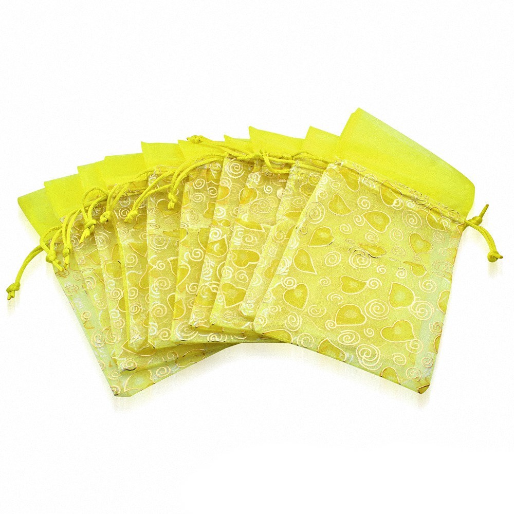 12x22cm | Sachet cadeau bijouterie en organza jaune motif cœur amour (unité)