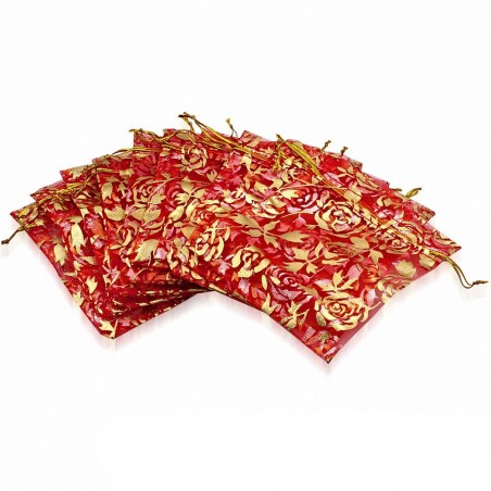 10x12cm | Sachet cadeau bijouterie en organza rouge motif fleur de vigne rose doré (unité)