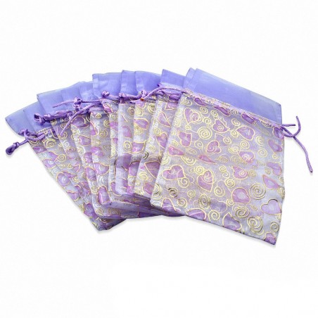 12x22cm | Pochette cadeau pour bijou en organza violet motif cœur amour (unité)