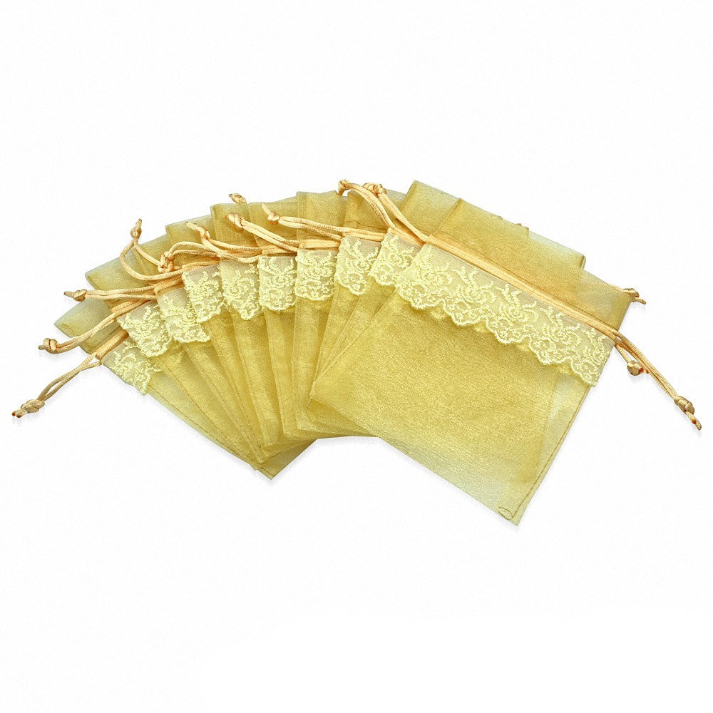 11x16cm | Pochon cadeau pour bijou en organza jaune clair motif vigne dentelle (unité)