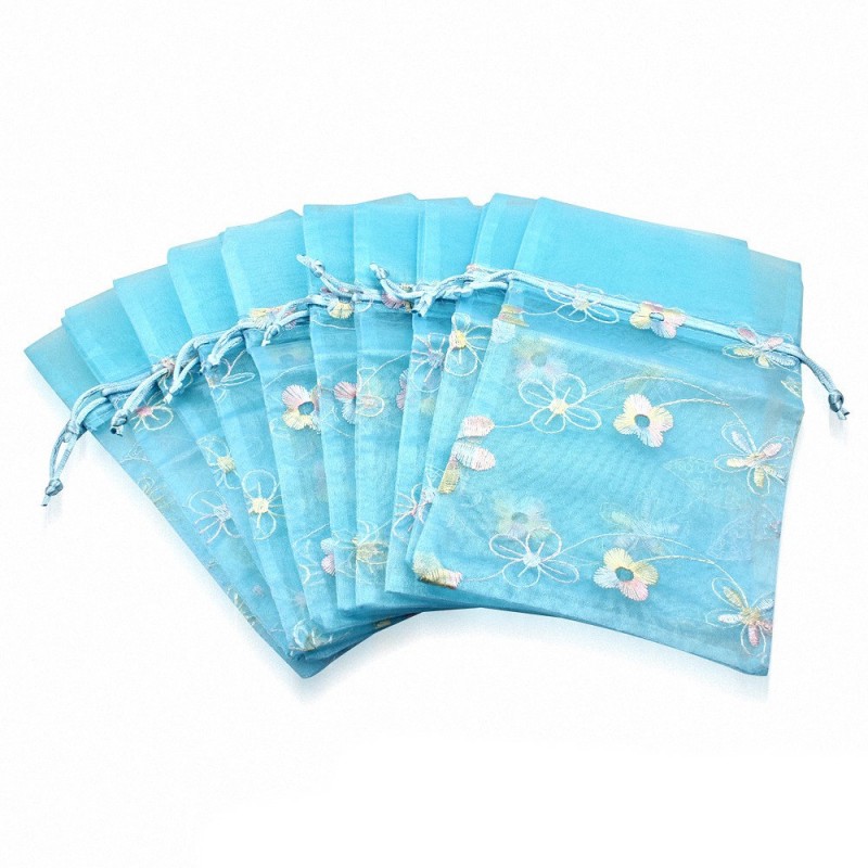 12x22cm | Bleu clair Organza Fleur Vigne Broderie Cordon Bijoux Pochette Sac (unité)