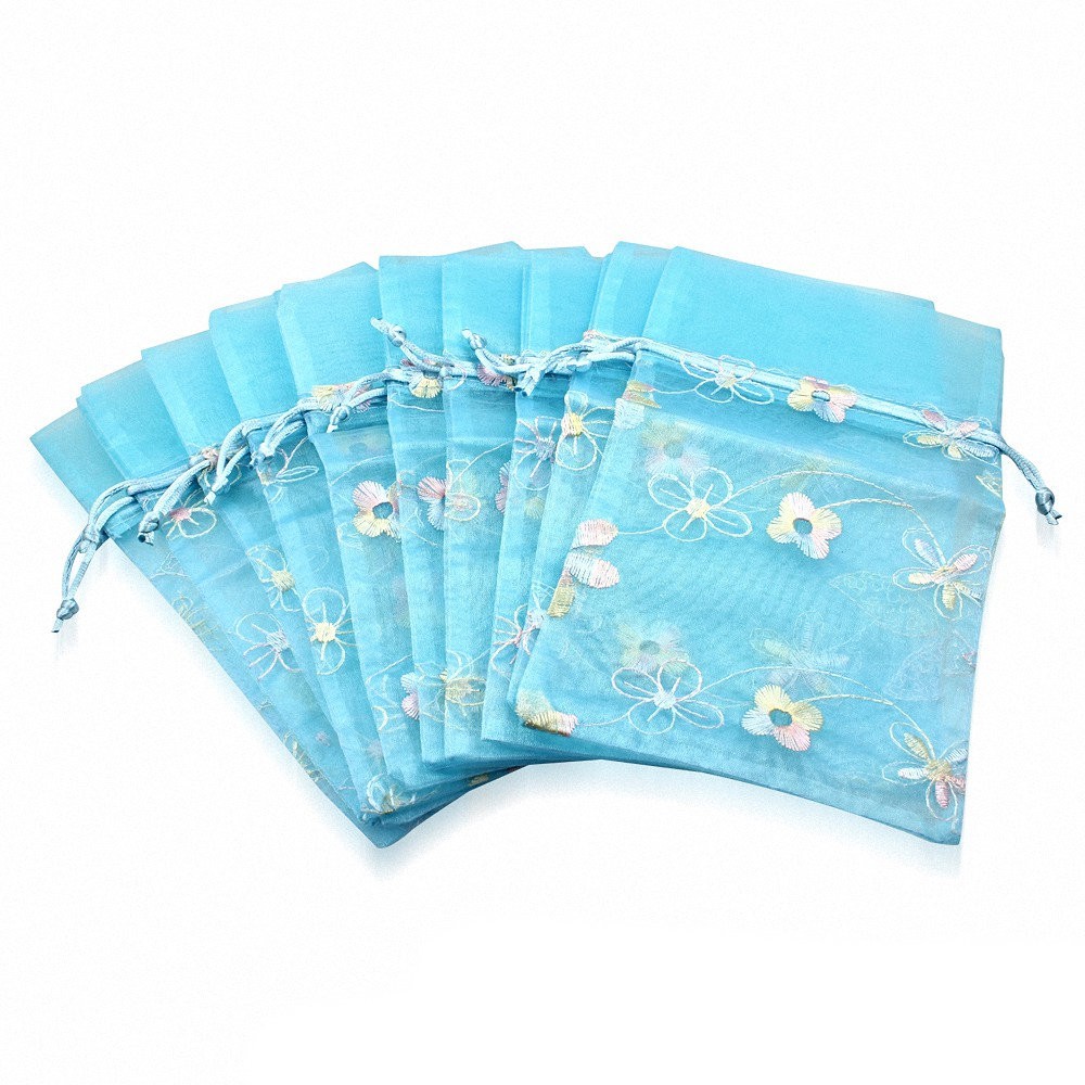 12x22cm | Bleu clair Organza Fleur Vigne Broderie Cordon Bijoux Pochette Sac (unité)