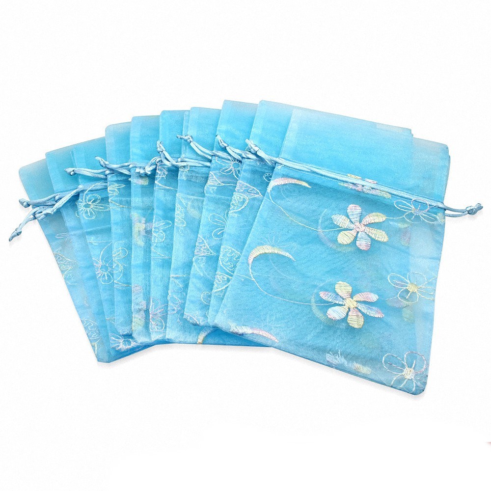 12x22cm | Bleu clair Organza Fleur Vigne Broderie Cordon Bijoux Pochon (unité)