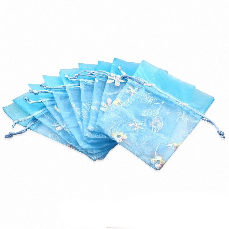 12x22cm | Bleu clair Organza Fleur Vigne Broderie Cordon Bijoux Sachet cadeau (unité)