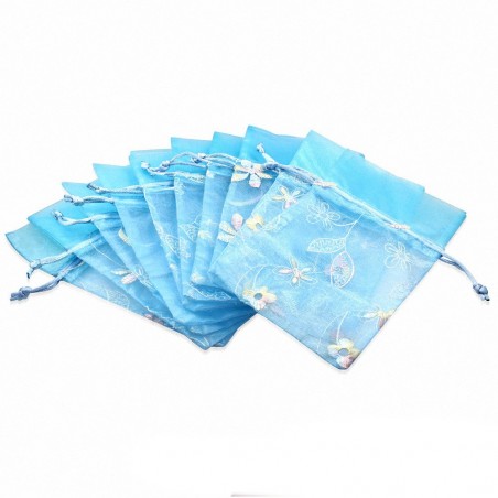 12x22cm | Bleu clair Organza Fleur Vigne Broderie Cordon Bijoux Sachet cadeau (unité)