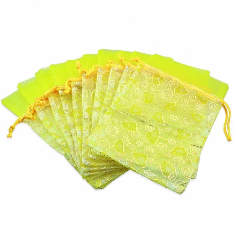 12x22cm | Organza jaune amour coeur cordon cordon sac cadeau pochette (unité)