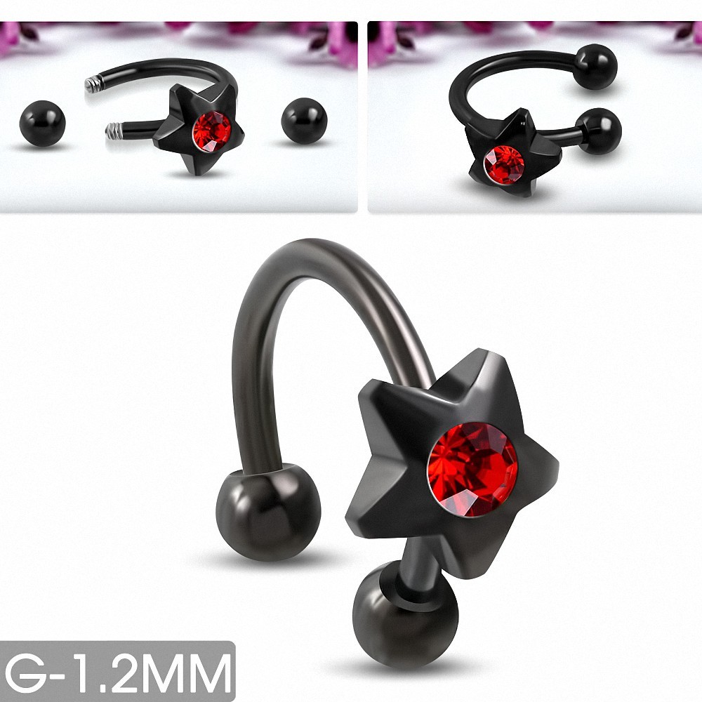 Piercing  fer à cheval étoile en acier inoxydable anodisé noir avec lumière Siam Red CZ | Boule 3mm | G-1