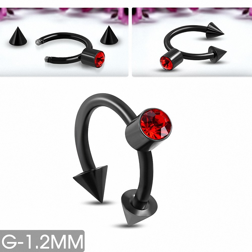 Piercing en fer à cheval en acier inoxydable anodisé noir avec CZ rouge siam clair | Pointe conique 3 mm | G-1