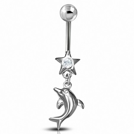 Piercing nombril pendantes en acier inoxydable avec breloque étoile et dauphin avec cz incolore | Boule-5mm | G-1