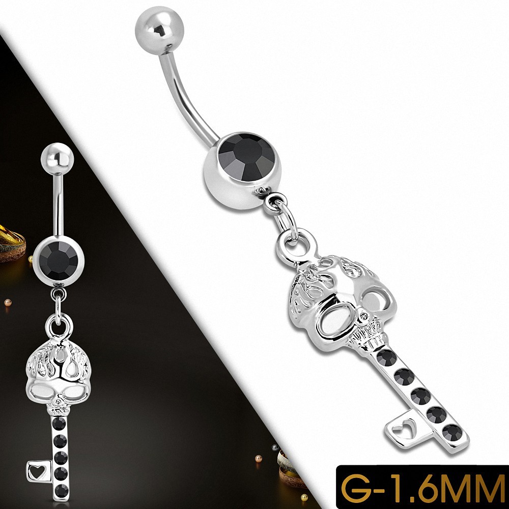 Piercing nombril Acier inoxydable Love Horeillet Skull clef CZ noire | Boule-5mm | G-1