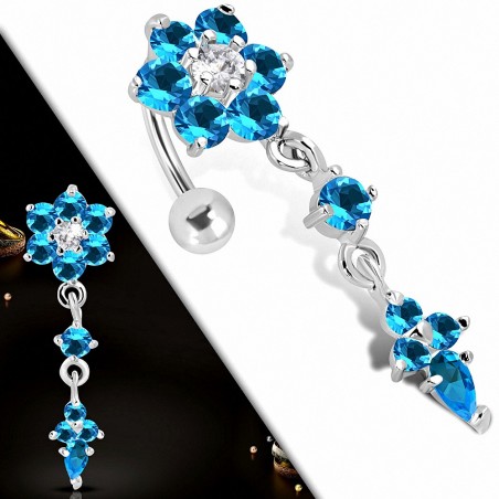 Piercing nombril pendentif fleur en acier inoxydable avec saphir transparent et bleu CZ | Boule-5mm | G-1