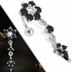 Piercing nombril pendentif fleur en acier inoxydable transparent et noir jais CZ | Boule-5mm | G-1