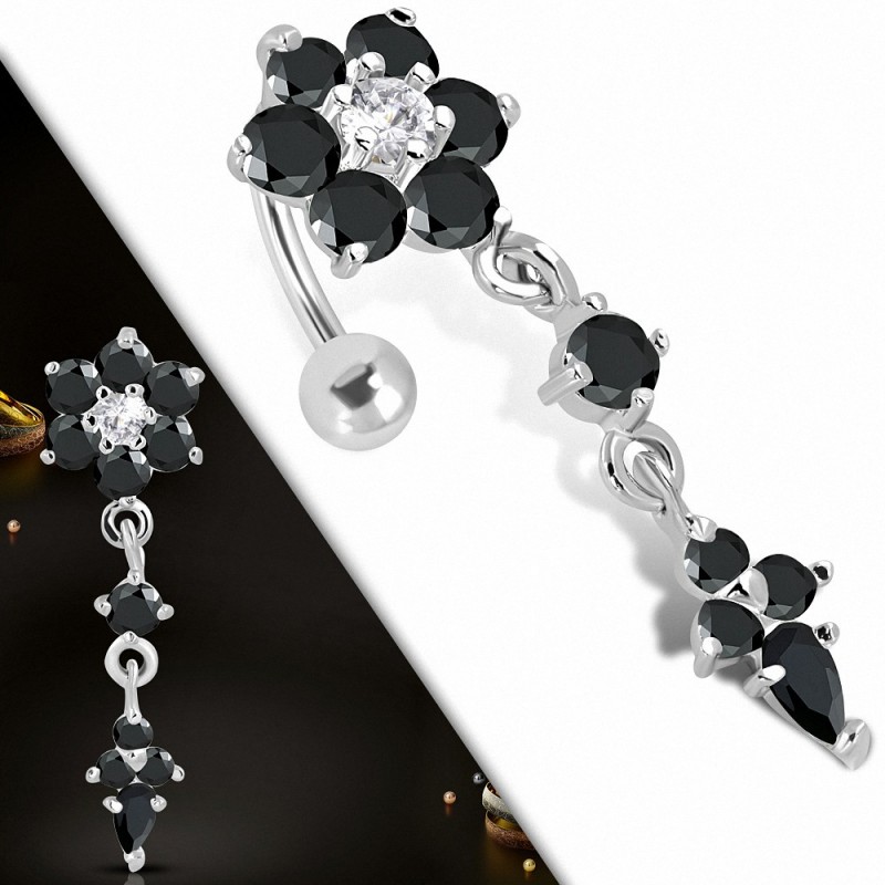Piercing nombril pendentif fleur en acier inoxydable transparent et noir jais CZ | Boule-5mm | G-1