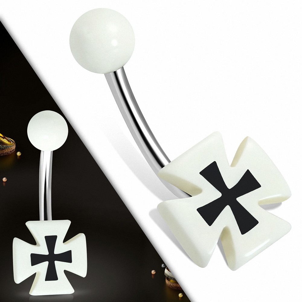 Piercing nombril  en acier inoxydable avec croix pattee en acrylique blanc 3 tons | Boule-6mm | G-1