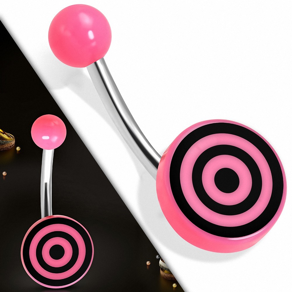 Piercing nombril  en acier inoxydable avec cercle bullseye en acrylique rose 3 tons | Boule-6mm | G-1