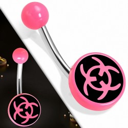 Piercing nombril  en acier inoxydable symbole de risque biologique en acrylique rose 3 cercles | Boule-6mm | G-1