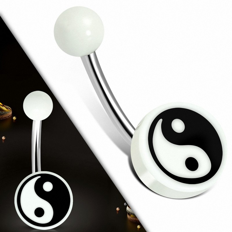 Piercing nombril en acier inoxydable et acrylique blanc 3 tons Yin-Yang / symbole Tao / Cercle Bagua | Boule-6mm | G-1
