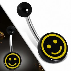 Piercing nombril  en acier inoxydable  en acrylique noir 3 tons Happy Smiley / émoticône cercle rond | Boule-6mm | G-1