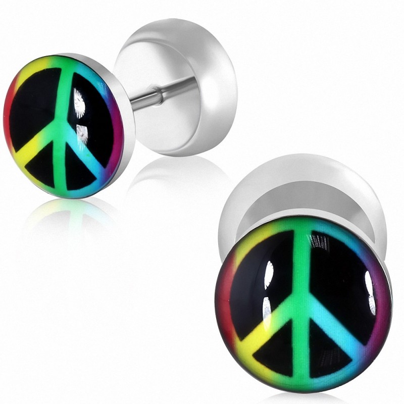 10 mm | Piercing oreille faux signe coloré de paix en acier inoxydable | G-1