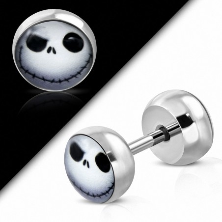 7mm | Masque Jack Skellington 2 tons en acier inoxydable avec faux Piercing oreille  | G-1