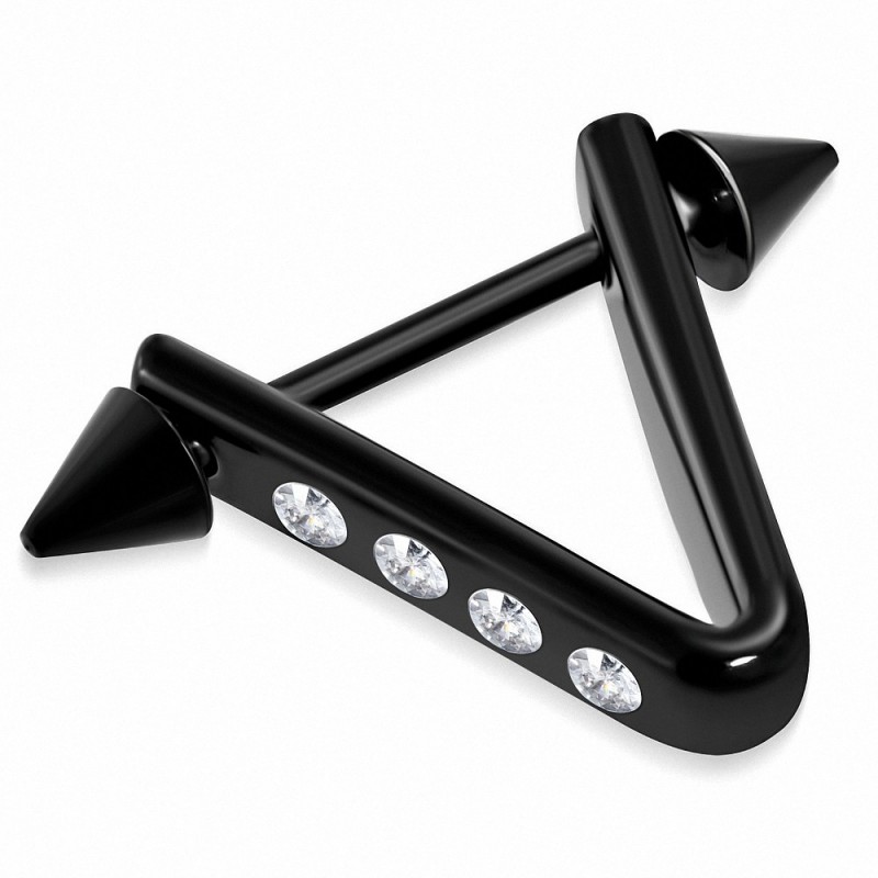 Piercing téton d'étrier triangle en acier inoxydable anodisé noir avec CZ transparent | Pointes coniques 4 mm | G-1