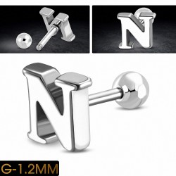 Piercing oreille en acier inoxydable Alphabet initiale / lettre N Tragus / Cartilage Barbell | Boule 4mm | G-1