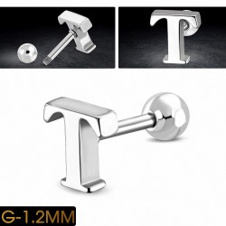 Piercing Alphabet en acier inoxydable initiale / lettre T Tragus / Cartilage Barbell | Boule 4mm | G-1