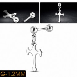 En acier inoxydable Fleur De Lis Cross Charm  Tragus / Cartilage Barbell   | Boule 4mm | G-1