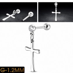 Piercing oreille en acier inoxydable Pattee Cross Charm  Tragus / Cartilage Barbell avec CZ incolore | Boule 4mm | G-1