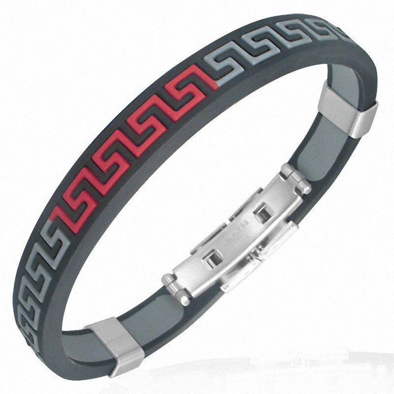 Bracelet homme caoutchouc clé grecque gris rouge