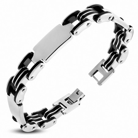 Bracelet homme acier plaque et caoutchouc noir