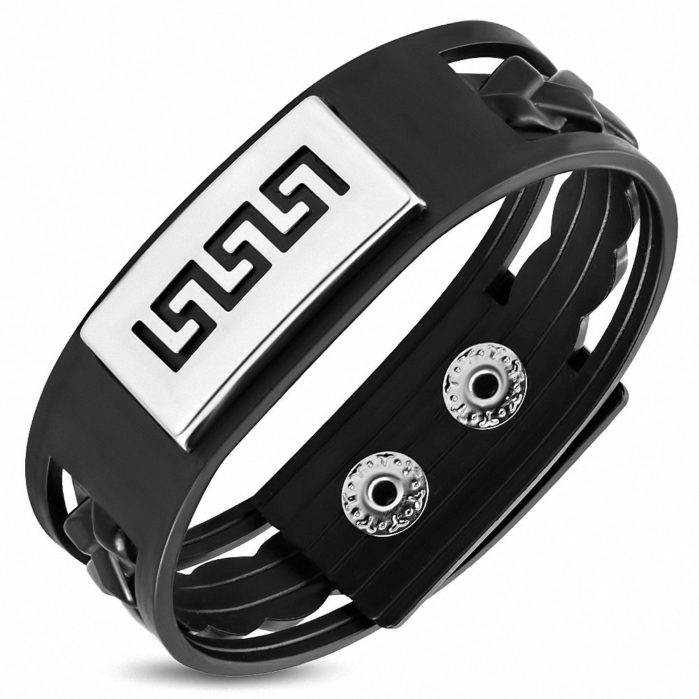 Bracelet homme caoutchouc noir plaque clé grecque