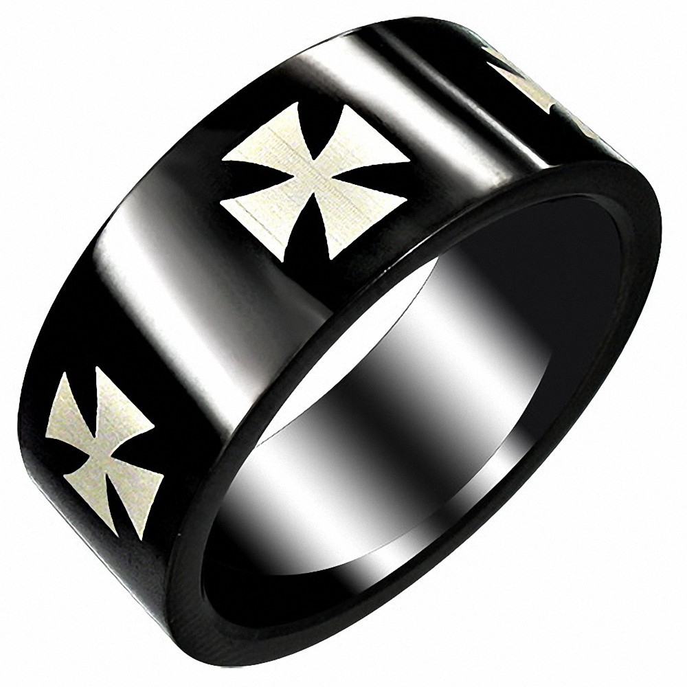 Bague homme acier noir croix maltaise